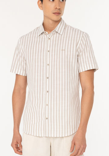 Camisa Listrada De Mangas Curtas Slim Fit Em Tecido Flamê, BEGE SYSTEM. Camisa Listrada De Mangas Curtas Slim Fit Em Tecido Flamê, BEGE SYSTEM, large.
