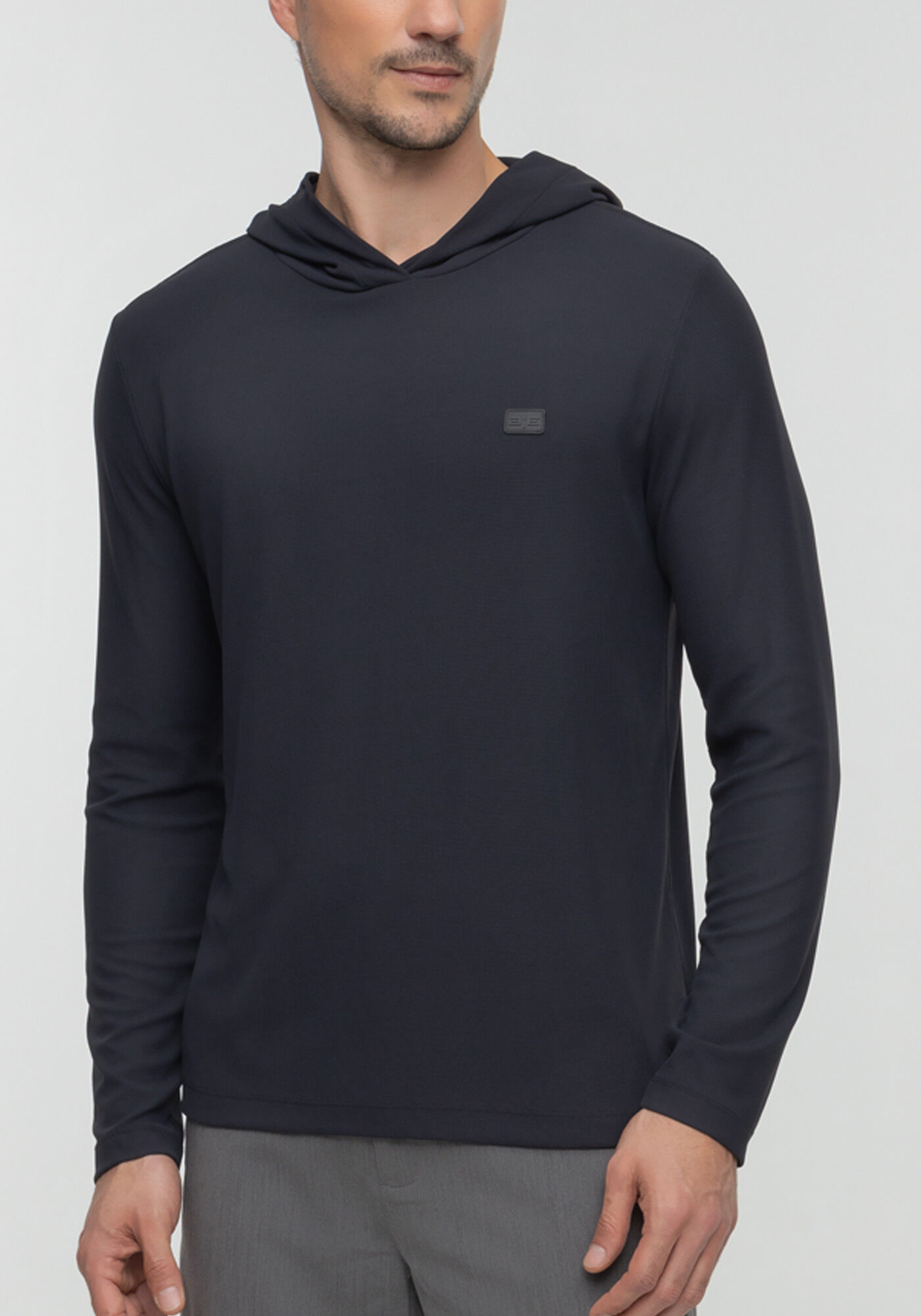 Camiseta De Mangas Longas Com Capuz Em Malha Leve, PRETO, large.