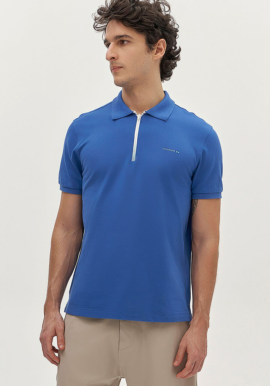 Camisa Polo Masculina em Malha Piquet com Zíper, AZUL OMEGA. Camisa Polo Masculina em Malha Piquet com Zíper, AZUL OMEGA, large.