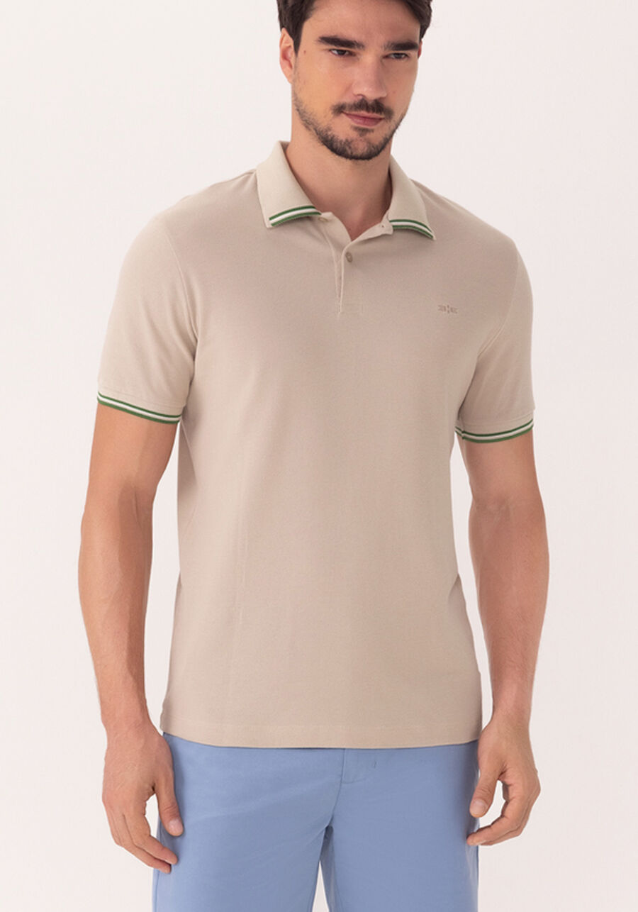 Camisa De Mangas Curtas Com Gola Polo Em Malha Piquet, BEGE SILVERSTONE. Camisa De Mangas Curtas Com Gola Polo Em Malha Piquet, BEGE SILVERSTONE, large.