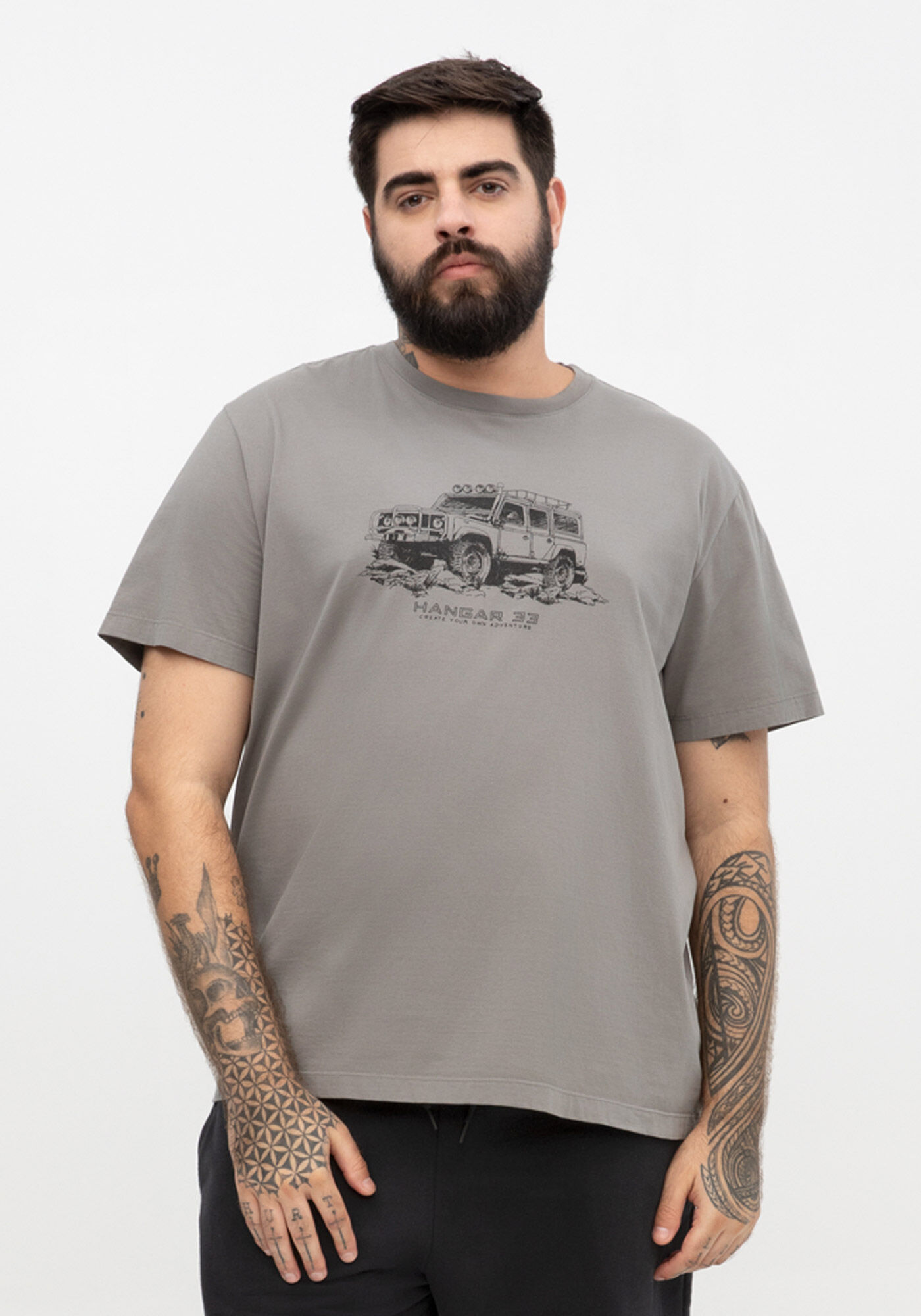 Camiseta Masculina Big & Tall em Malha Estampada, CINZA, large.