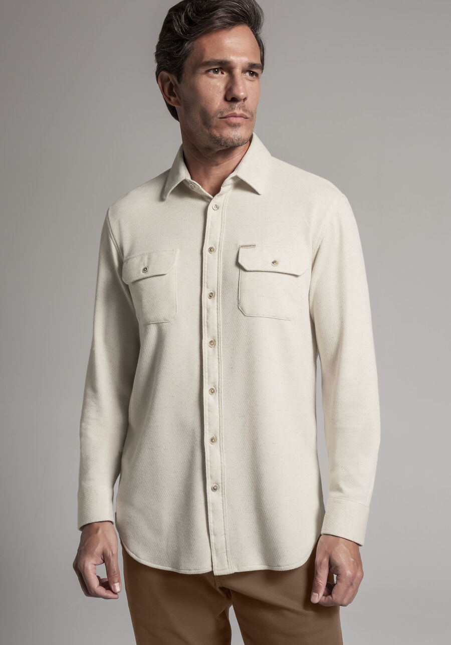 Camisa Masculina Comfort em Malha Lino com Bolsos, BEGE SYSTEM. Camisa Masculina Comfort em Malha Lino com Bolsos, BEGE SYSTEM, large.