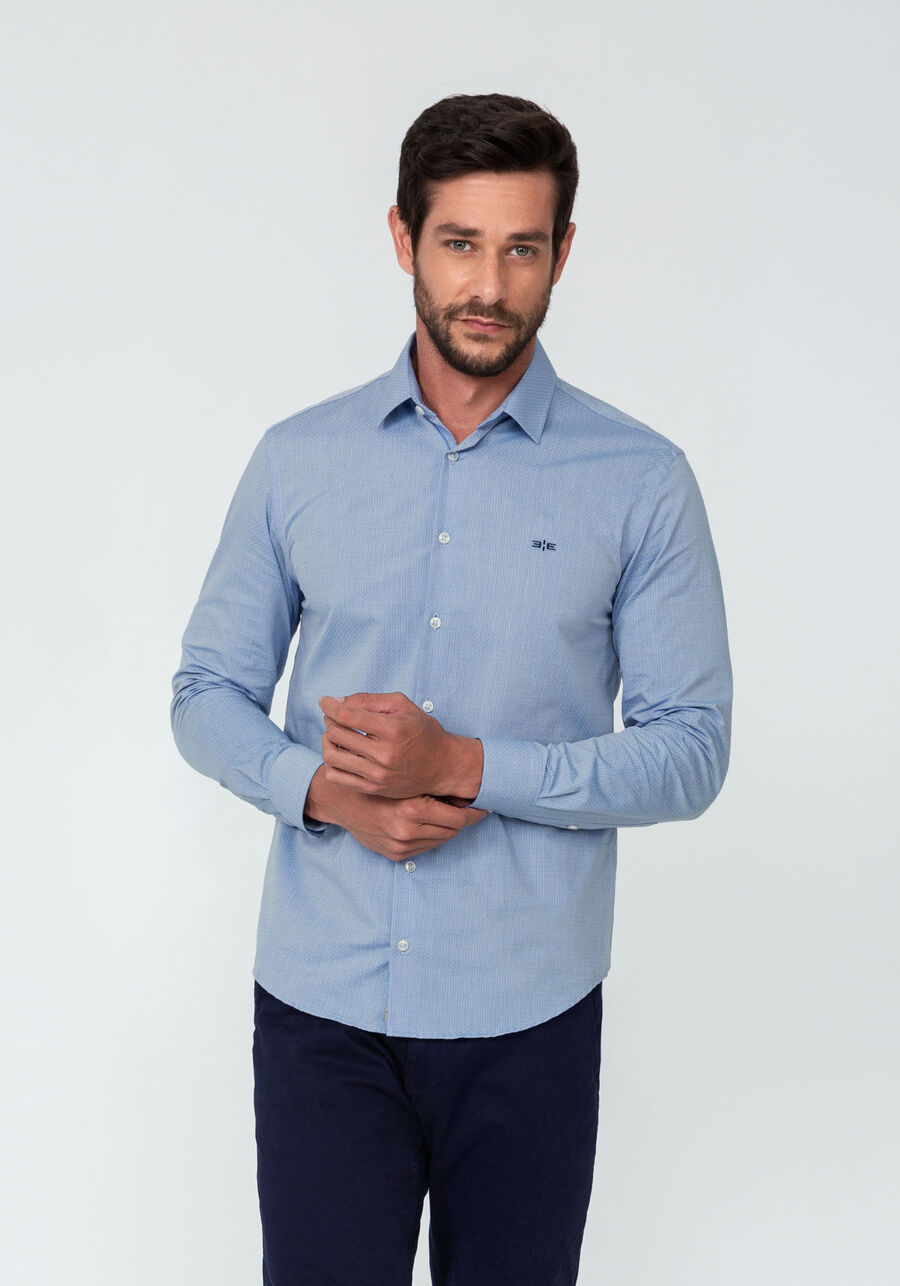 Camisa Manga Longa Slim Fit em Tecido Jacquard, AZUL CUBAN. Camisa Manga Longa Slim Fit em Tecido Jacquard, AZUL CUBAN, large.