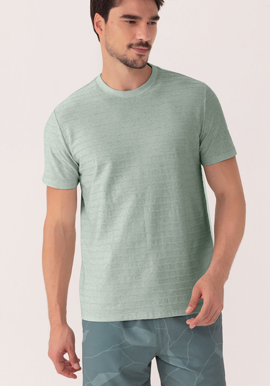 Camiseta De Mangas Curtas Em Malha Com Linho, AZUL BUBBLE. Camiseta De Mangas Curtas Em Malha Com Linho, AZUL BUBBLE, large.