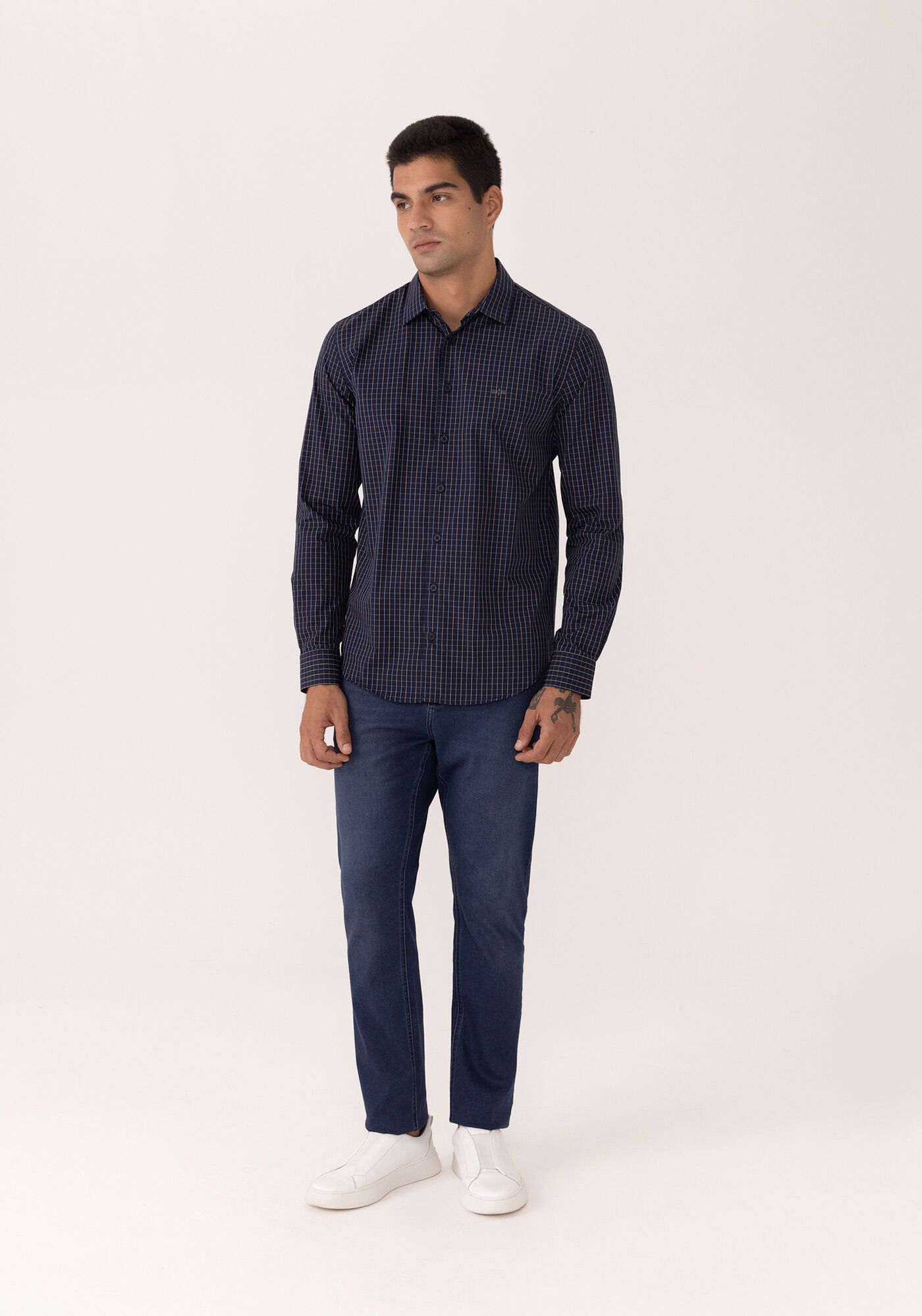 Camisa De Mangas Longas Slim Fit Em Algod&atilde;o Mercerizado, MARINHO ACTION, large.