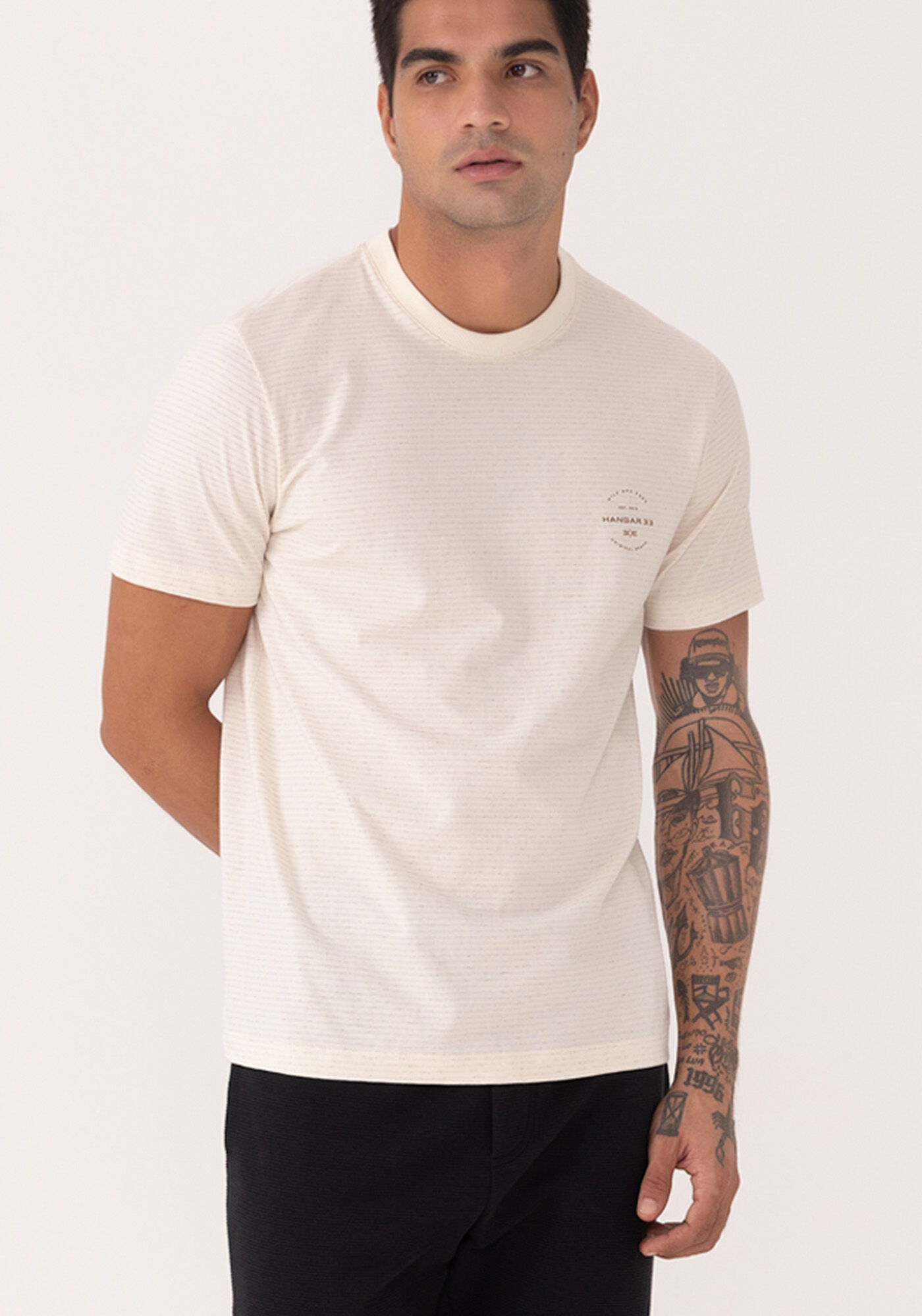 Camiseta De Mangas Curtas Em Malha Listrada Com Linho, BRANCO OFF WHITE, large.