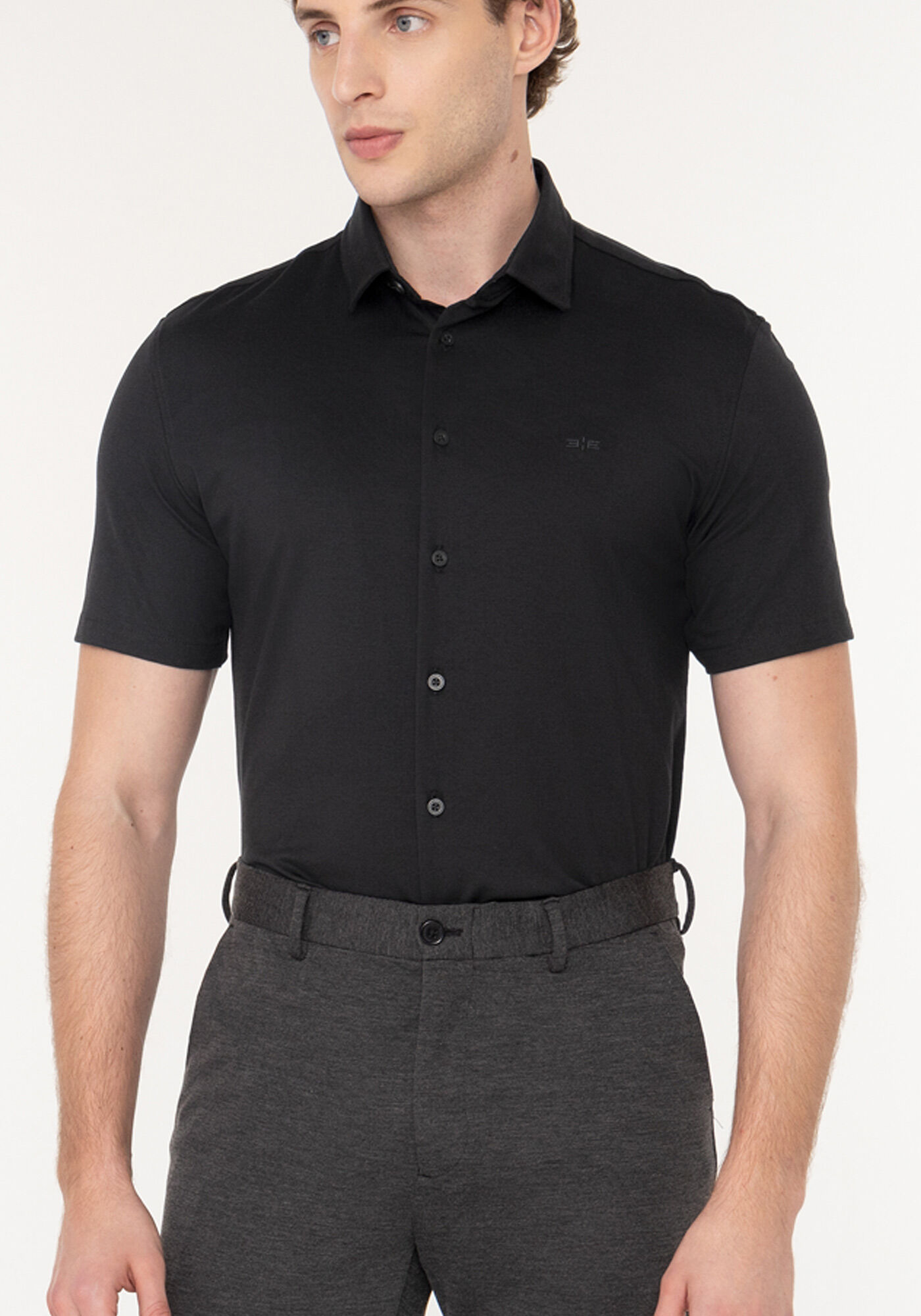 Camisa Masculina De Mangas Curtas Slim Fit Em Malha Pima, PRETO, large.