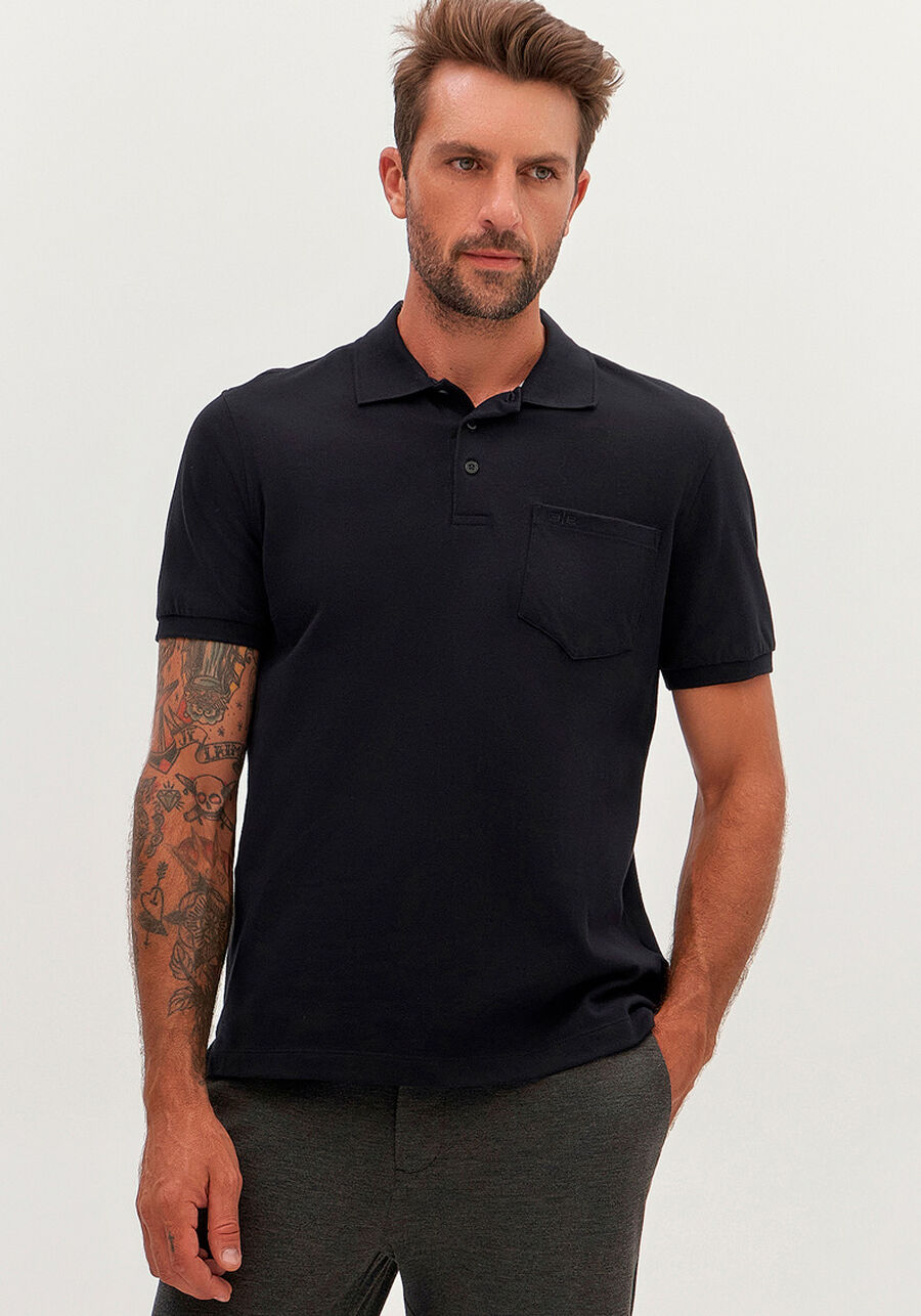 Camisa Polo em Malha Piquet com Bolso, PRETO REATIVO. Camisa Polo em Malha Piquet com Bolso, PRETO REATIVO, large.
