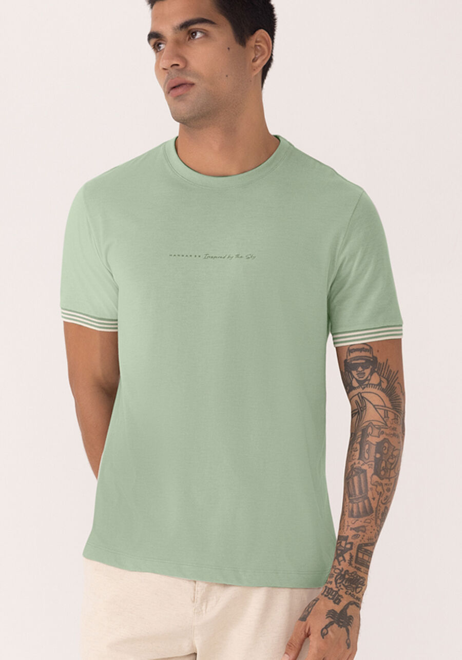 Camiseta De Mangas Curtas Com Retilínea Em Malha Mesclada, VERDE CHIARO. Camiseta De Mangas Curtas Com Retilínea Em Malha Mesclada, VERDE CHIARO, large.