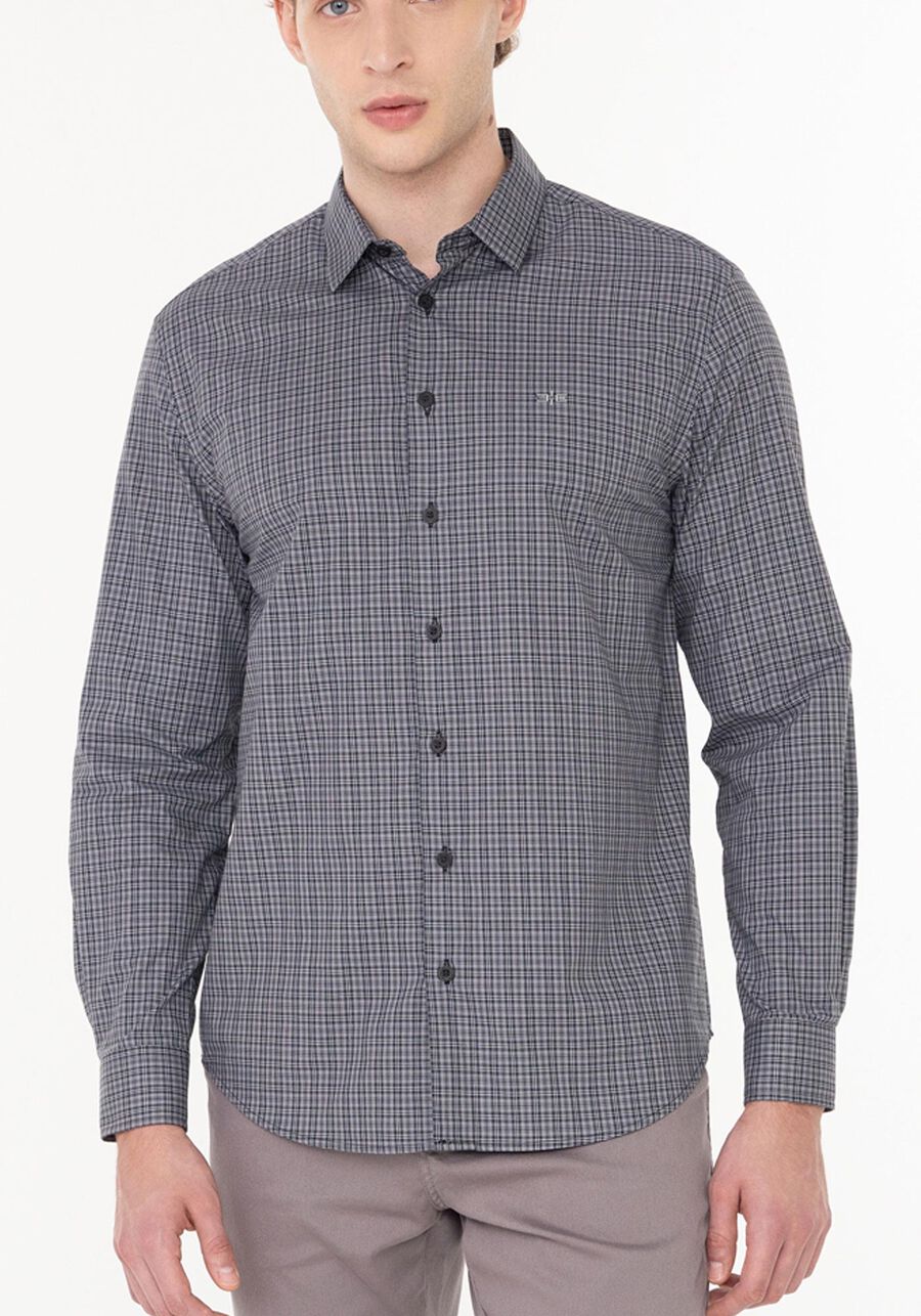 Camisa Masculina Comfort De Mangas Longas Em Algodão Fio 40, CINZA XAXADO. Camisa Masculina Comfort De Mangas Longas Em Algodão Fio 40, CINZA XAXADO, large.