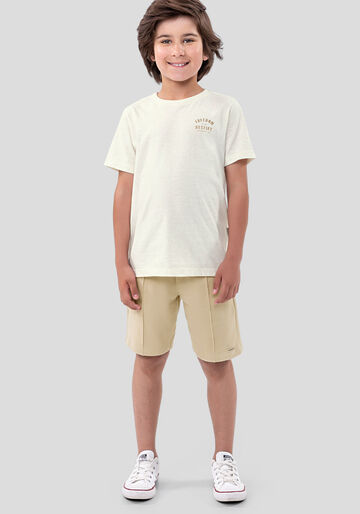 Conjunto Infantil com Camiseta Malha Linho e Bermuda, BRANCO OFF WHITE, large.