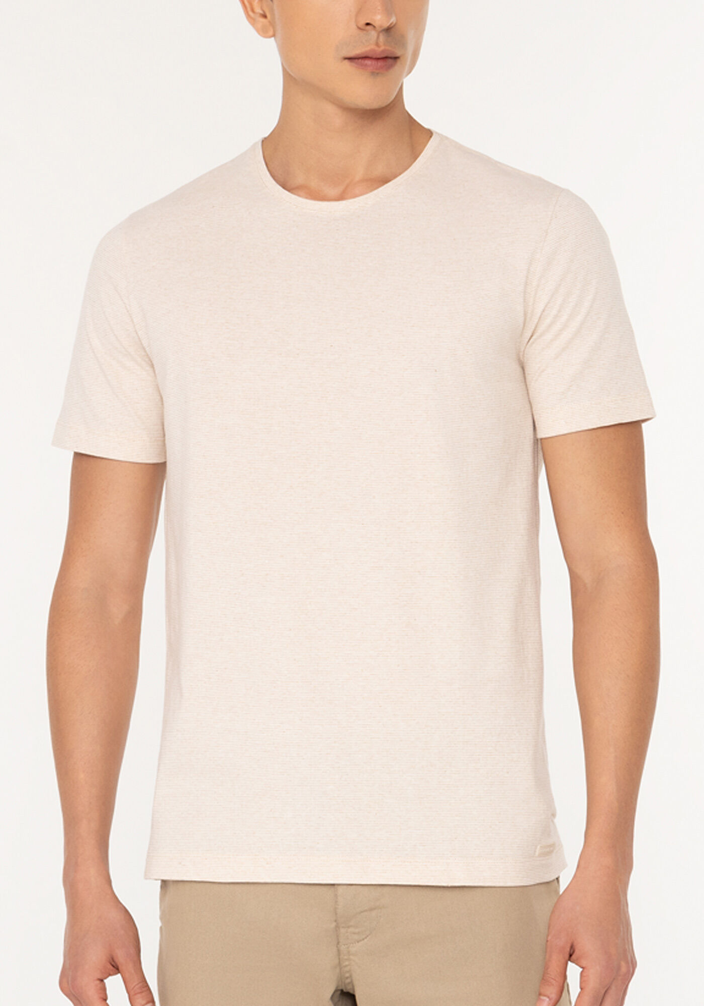 Camiseta B&aacute;sica De Manga Curta Em Malha Listrada De Algod&atilde;o, BEGE FUSION, large.