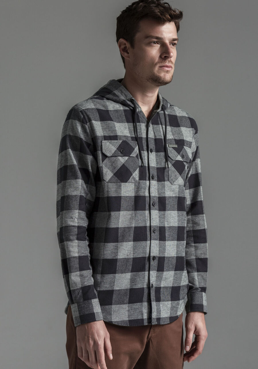 Camisa Masculina Comfort em Flanela com Capuz, CINZA NOTI. Camisa Masculina Comfort em Flanela com Capuz, CINZA NOTI, large.
