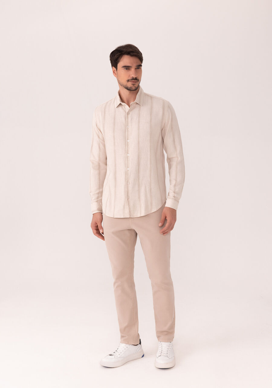 Camisa De Mangas Longas Em Tecido Com Linho, VERTICAL OCRE. Camisa De Mangas Longas Em Tecido Com Linho, VERTICAL OCRE, large.
