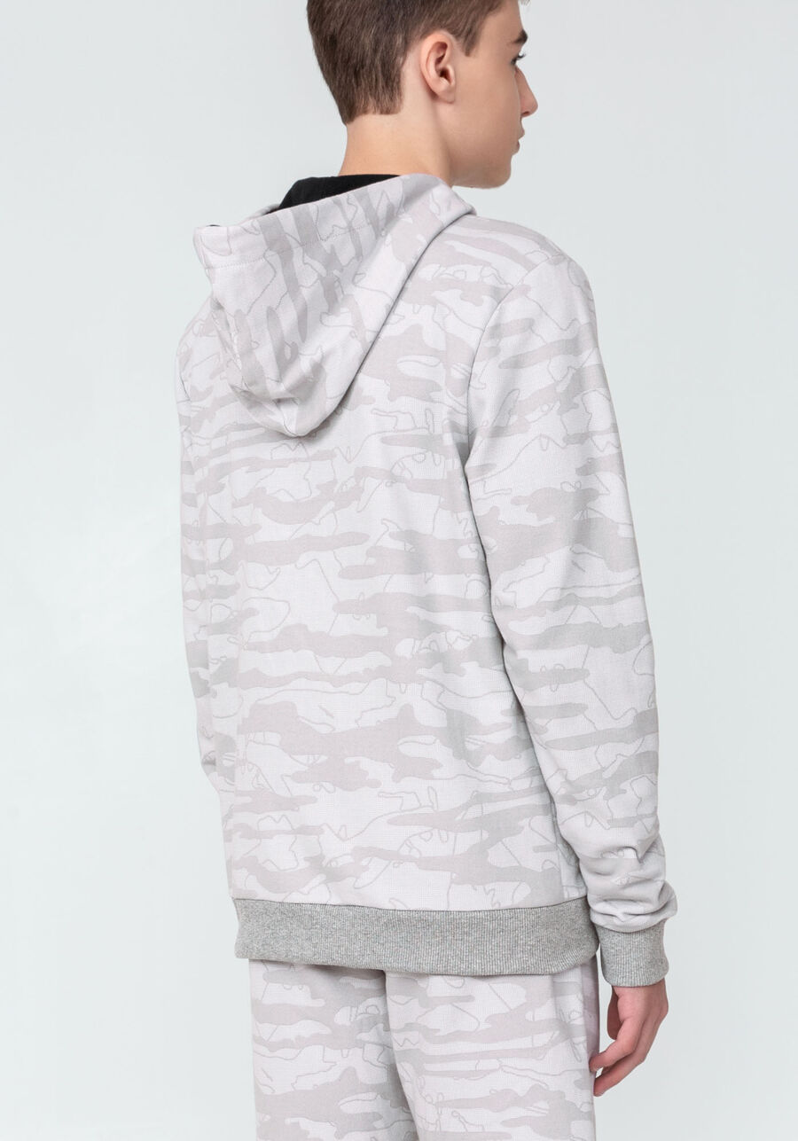 Jaqueta com Capuz em Moletom Estampada Juvenil, GRID CINZA. Jaqueta com Capuz em Moletom Estampada Juvenil, GRID CINZA, large.