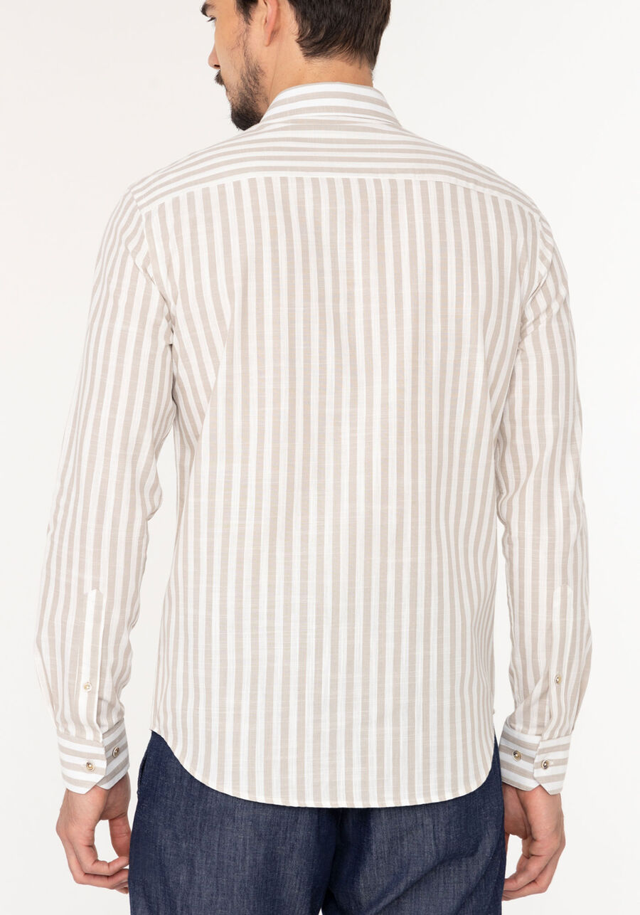 Camisa Listrada De Mangas Longas Slim Fit Masculina, BEGE SYSTEM. Camisa Listrada De Mangas Longas Slim Fit Masculina, BEGE SYSTEM, large.