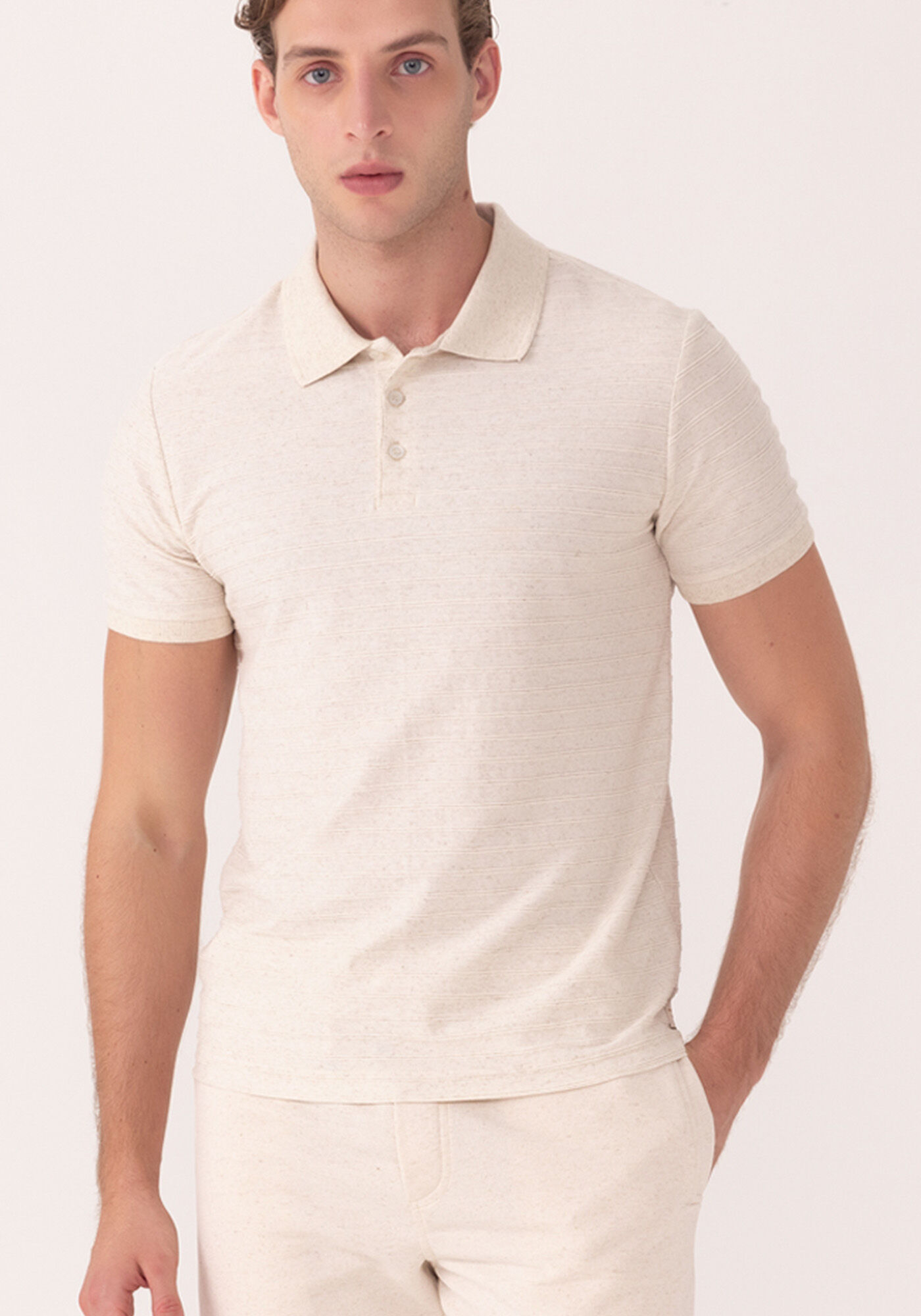 Camisa Polo De Mangas Curtas Em Malha Com Linho, BRANCO OFF WHITE, large.