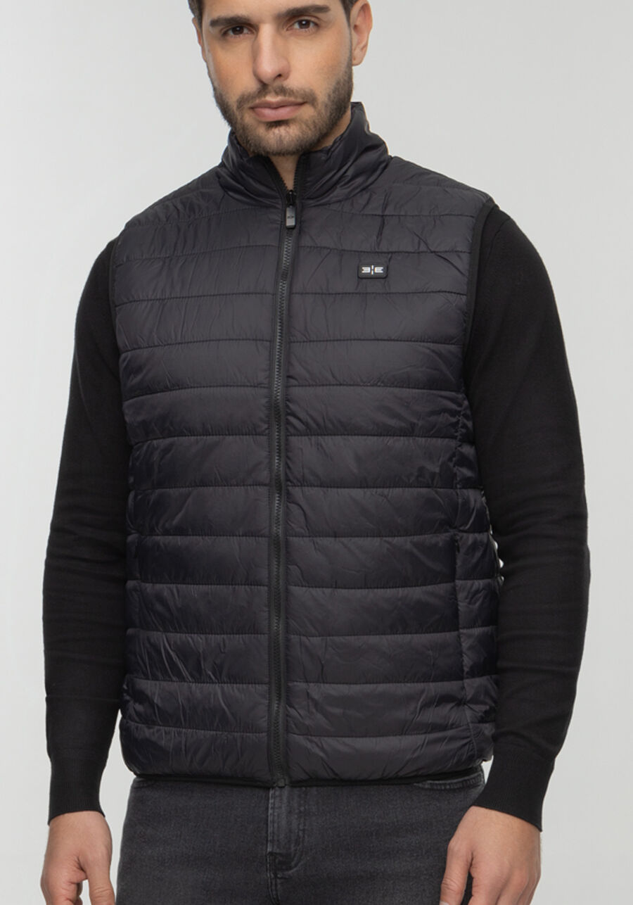 Colete Puffer Dupla Face Com Zíper E Gola Alta, PRETO REATIVO. Colete Puffer Dupla Face Com Zíper E Gola Alta, PRETO REATIVO, large.