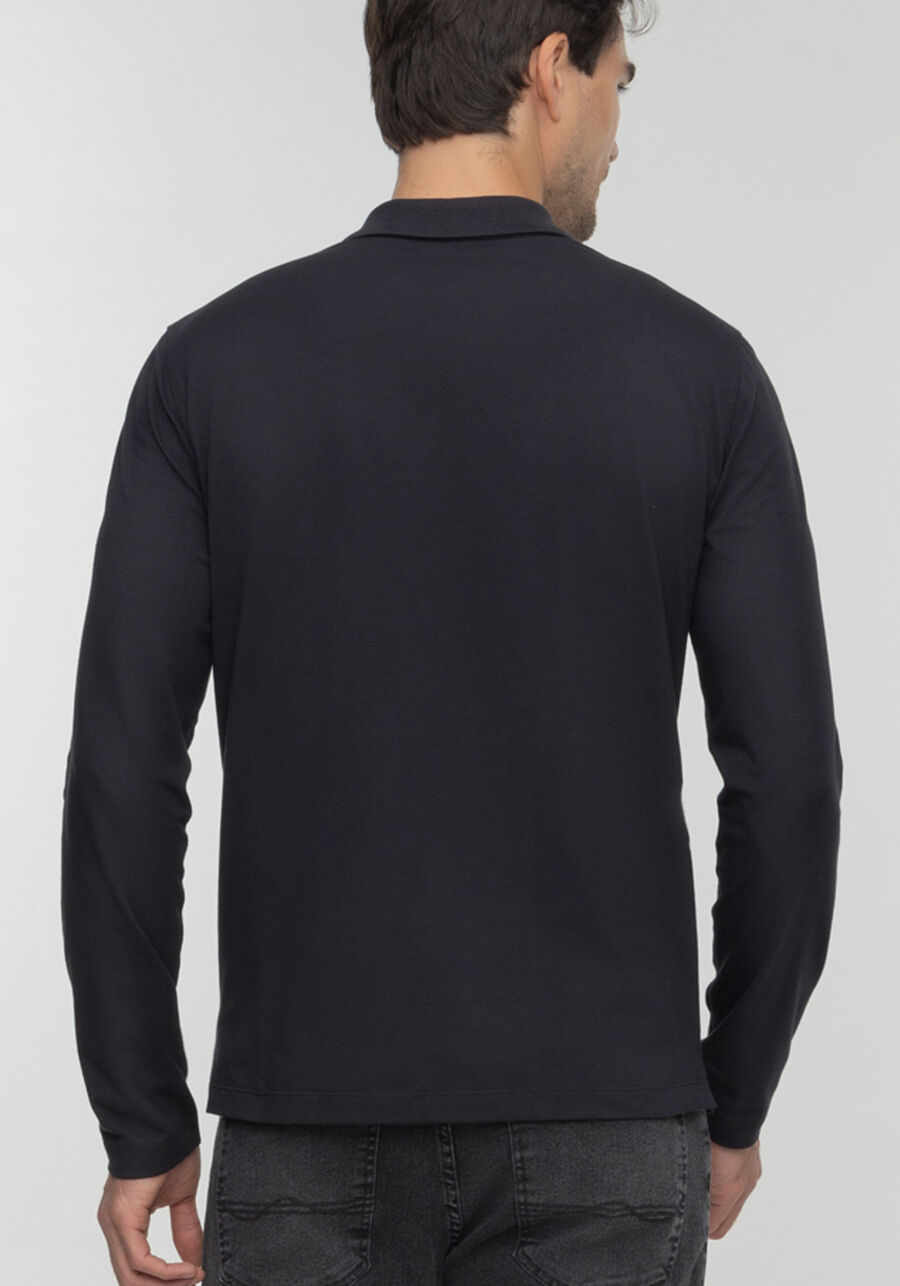 Camisa Polo Com Botões E Mangas Longas Em Malha De Algodão, PRETO. Camisa Polo Com Botões E Mangas Longas Em Malha De Algodão, PRETO, large.