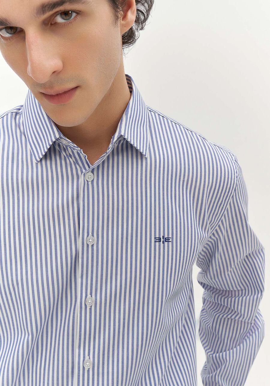 Camisa Masculina Comfort Listrada com Elastano, AZUL. Camisa Masculina Comfort Listrada com Elastano, AZUL, large.