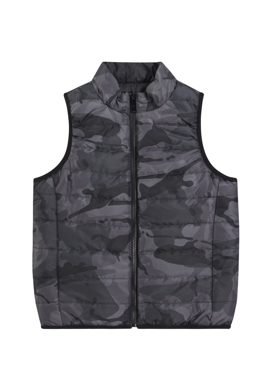 Colete Puffer Dupla Face Com Zíper E Gola Alta, PRETO REATIVO. Colete Puffer Dupla Face Com Zíper E Gola Alta, PRETO REATIVO, large.