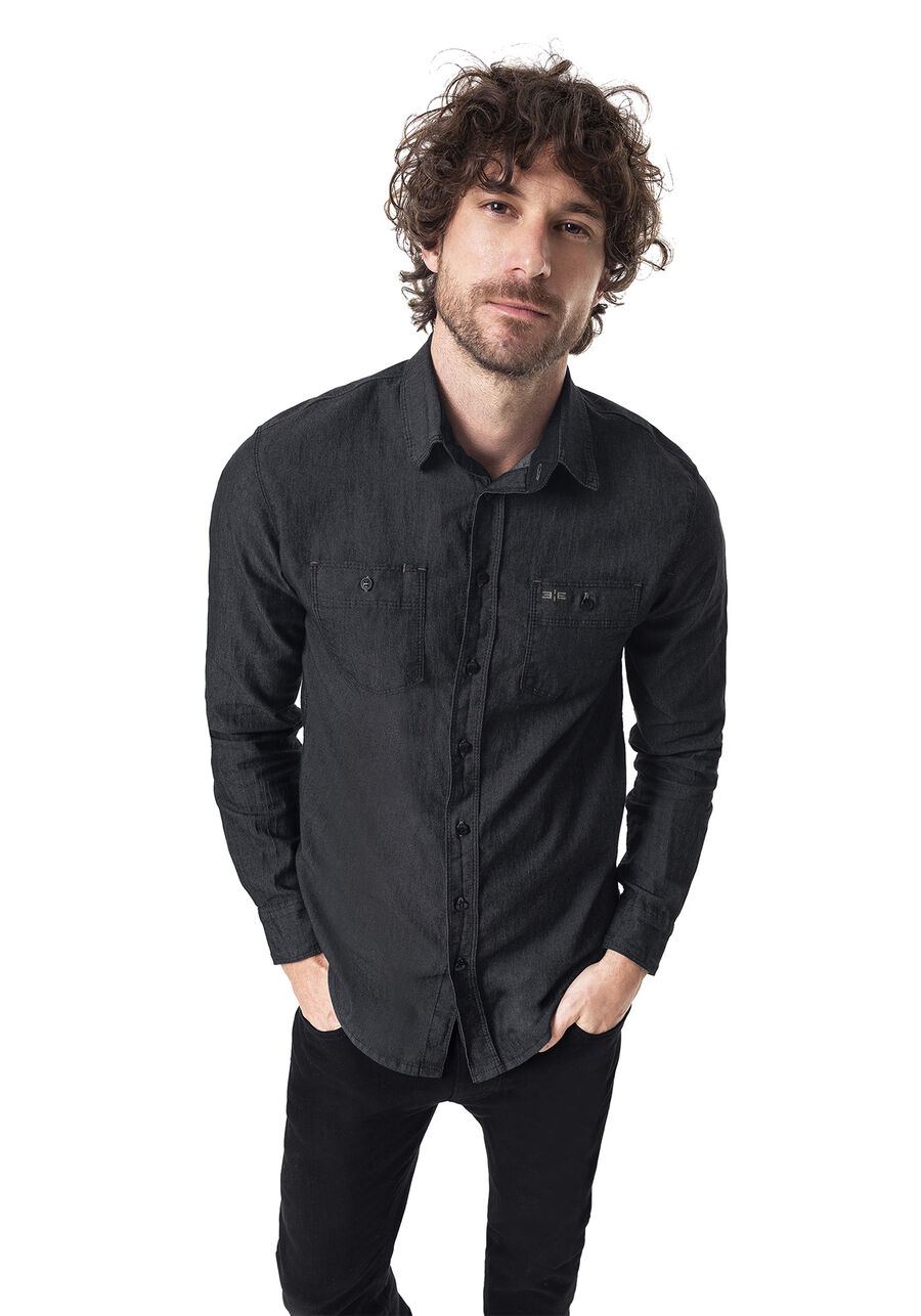 Camisa com Elastano, PRETO REATIVO. Camisa com Elastano, PRETO REATIVO, large.