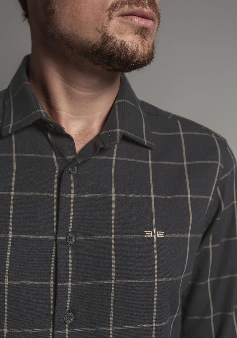 Camisa Masculina Slim Fit em Flanela Xadrez, PRETO REATIVO. Camisa Masculina Slim Fit em Flanela Xadrez, PRETO REATIVO, large.