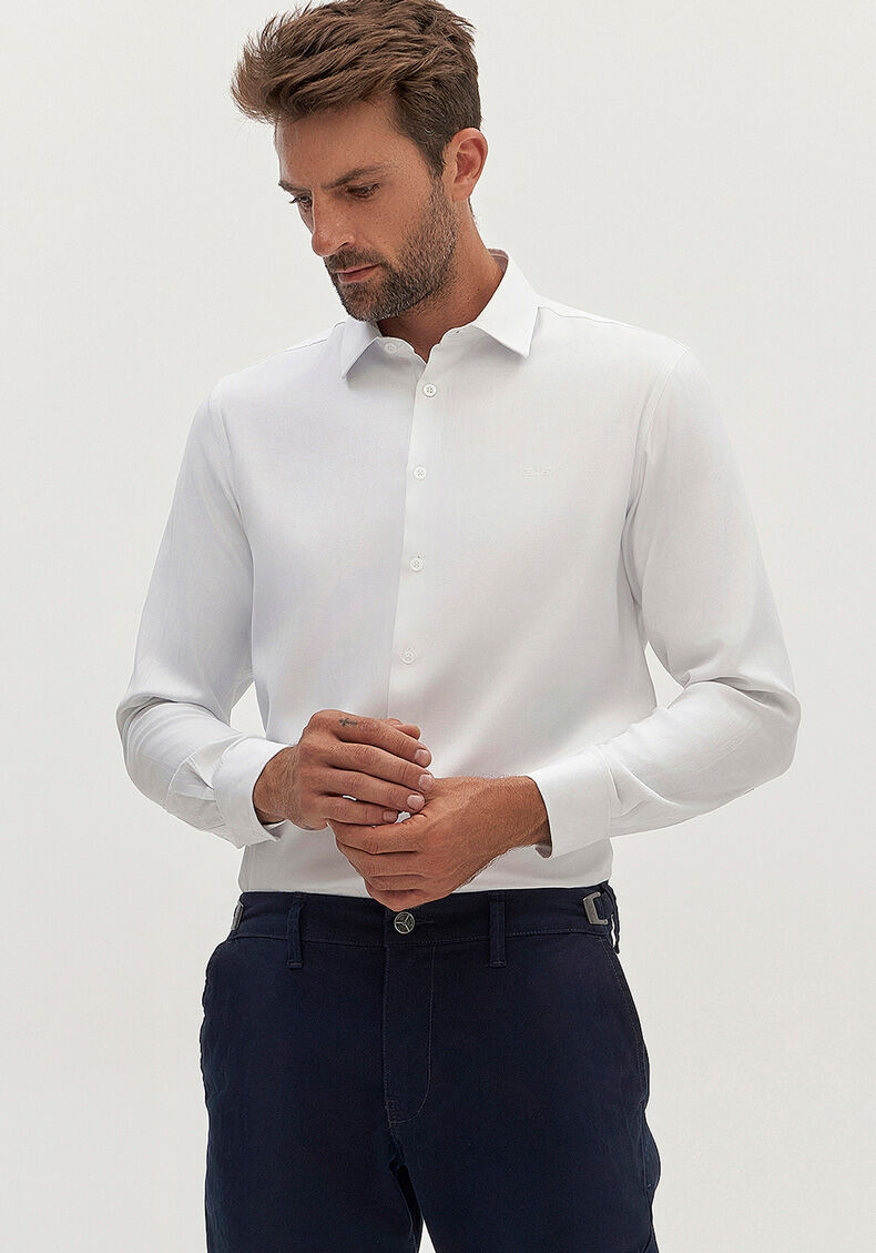 Camisa Masculina Slim Fit Maquinetada, BRANCO, large.