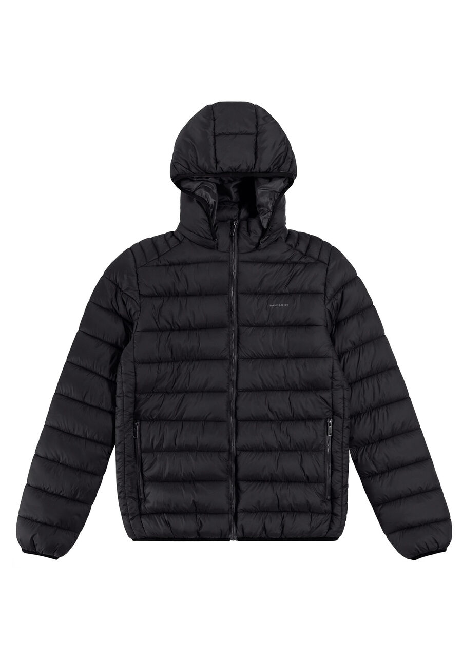 Jaqueta Puffer Em Nylon Com Zíper E Capuz Removível, PRETO REATIVO. Jaqueta Puffer Em Nylon Com Zíper E Capuz Removível, PRETO REATIVO, large.