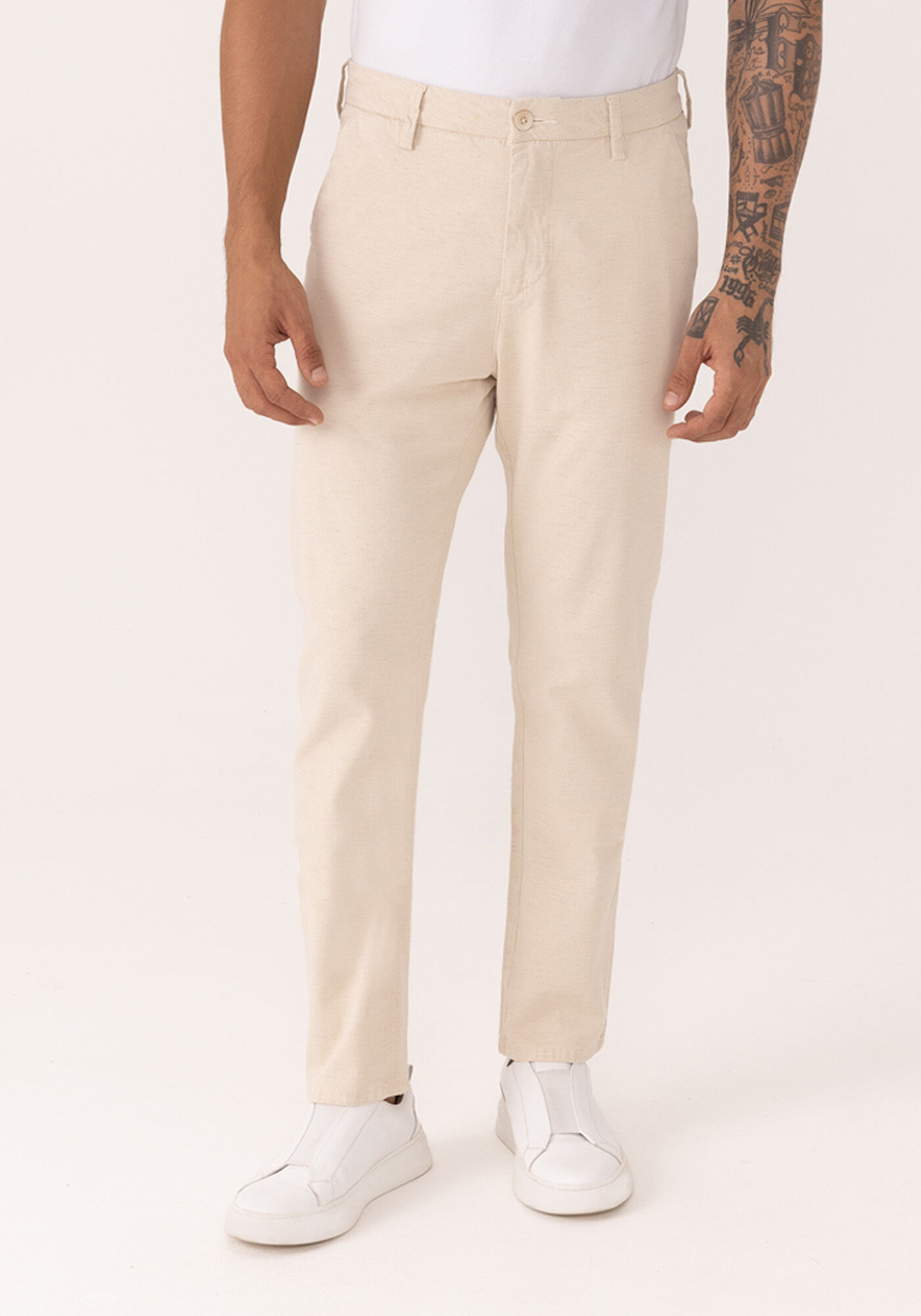 Cal&ccedil;a Slim Turbofan Com Linho, BEGE MARFIM, large.