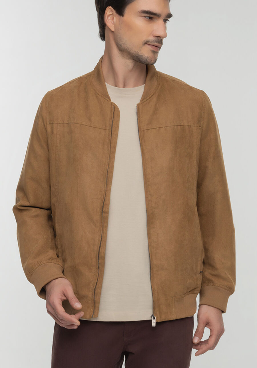 Jaqueta Bomber Masculina Com Punho E Zíper Em Suede, MARROM TILE. Jaqueta Bomber Masculina Com Punho E Zíper Em Suede, MARROM TILE, large.