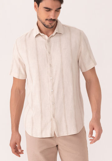 Camisa De Mangas Curtas Comfort Em Tecido Com Linho, VERTICAL OCRE. Camisa De Mangas Curtas Comfort Em Tecido Com Linho, VERTICAL OCRE, large.