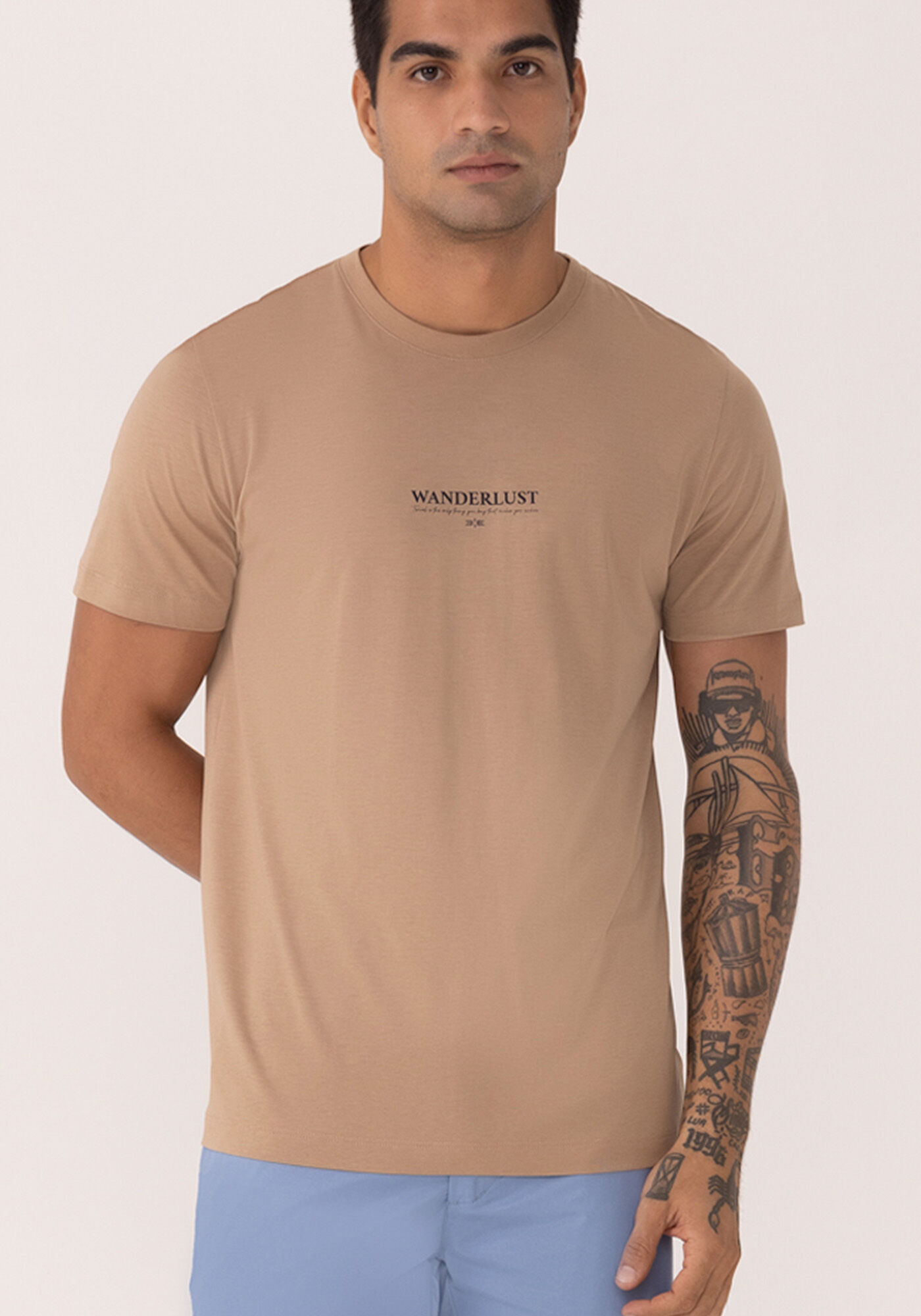 Camiseta De Mangas Curtas Com Estampa Em Malha Tecnol&oacute;gica, BEGE BOSQUE, large.