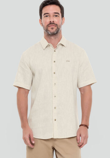 Camisa Masculina Slim Fit em Linho com Manga Curta, BRANCO OFF WHITE. Camisa Masculina Slim Fit em Linho com Manga Curta, BRANCO OFF WHITE, large.