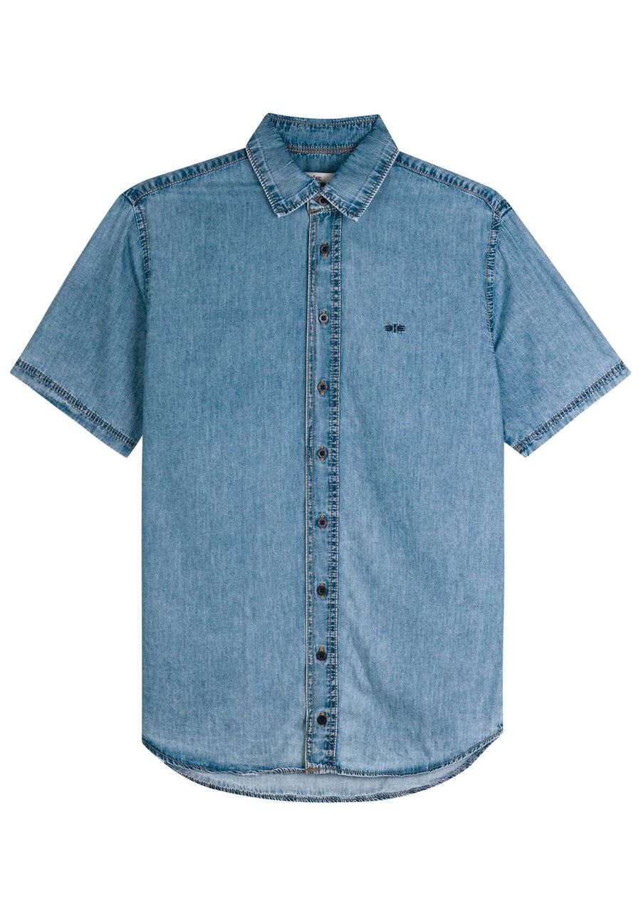Camisa Jeans Masculina com Manga Curta, JEANS. Camisa Jeans Masculina com Manga Curta, JEANS, large.