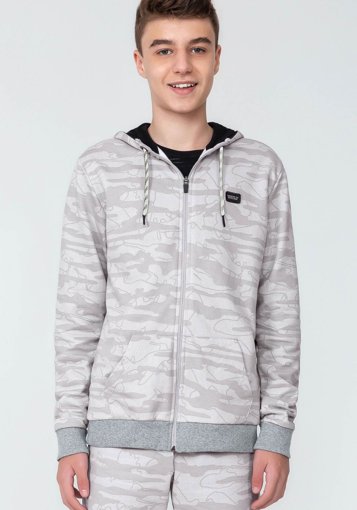 Jaqueta com Capuz em Moletom Estampada Juvenil, GRID CINZA, large.