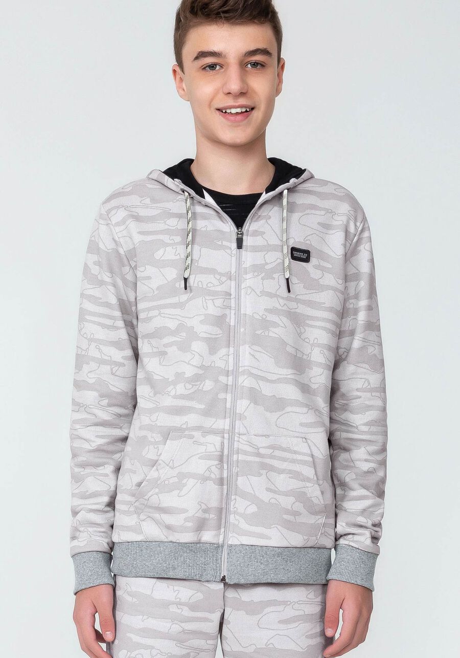 Jaqueta com Capuz em Moletom Estampada Juvenil, GRID CINZA. Jaqueta com Capuz em Moletom Estampada Juvenil, GRID CINZA, large.