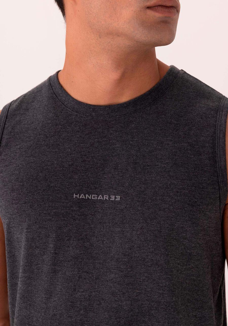 Regata Com Estampa Localizada Em Malha Mesclada, PRETO. Regata Com Estampa Localizada Em Malha Mesclada, PRETO, large.