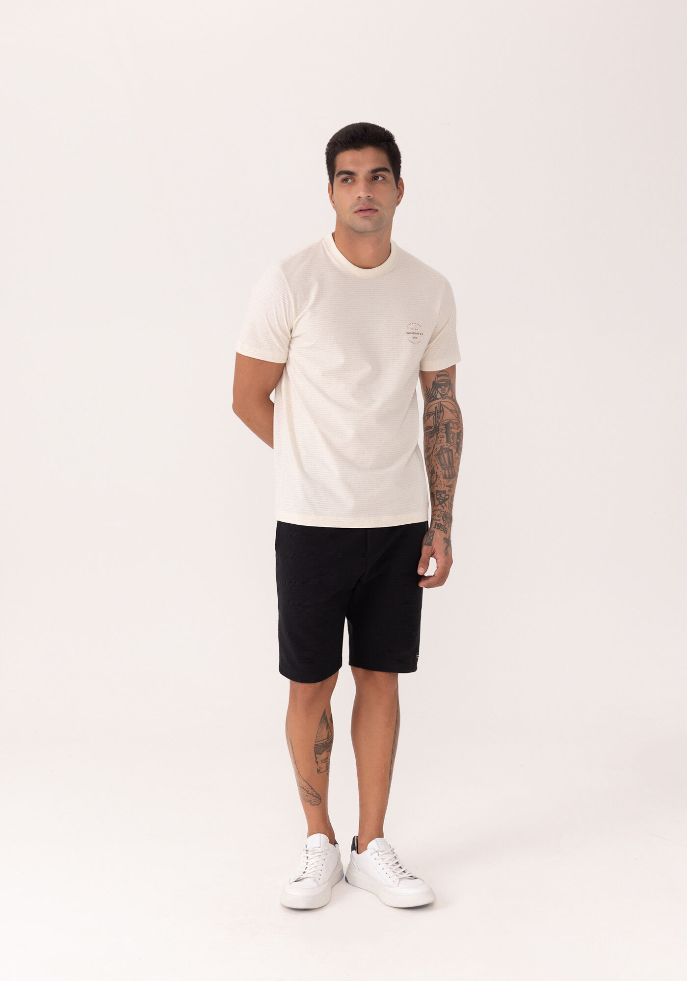 Camiseta De Mangas Curtas Em Malha Listrada Com Linho, BRANCO OFF WHITE, large.