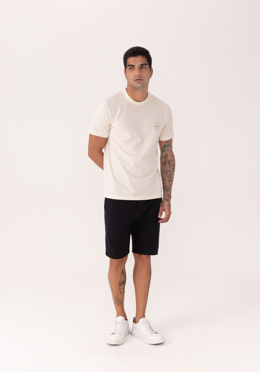 Camiseta De Mangas Curtas Em Malha Listrada Com Linho, BRANCO OFF WHITE. Camiseta De Mangas Curtas Em Malha Listrada Com Linho, BRANCO OFF WHITE, large.