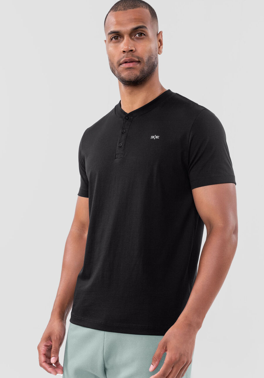 Camiseta Masculina em Algodão Pima com Gola Padre, PRETO. Camiseta Masculina em Algodão Pima com Gola Padre, PRETO, large.