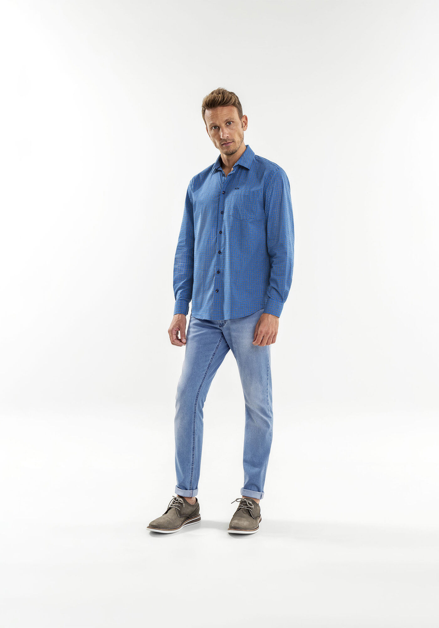 Camisa Masculina Comfort  em Tricoline Stretch, AZUL SPARK, large.