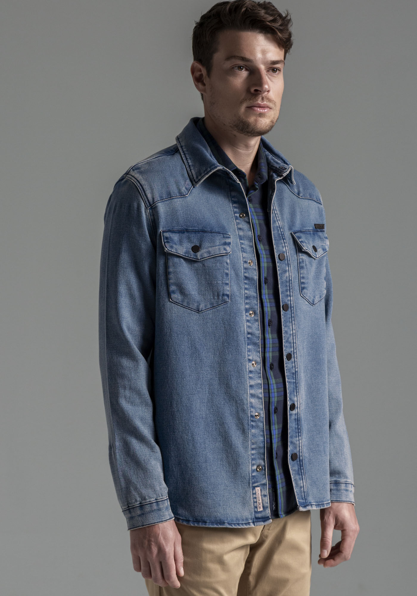 Camisa Jeans Masculina Denim Malha, JEANS, large.