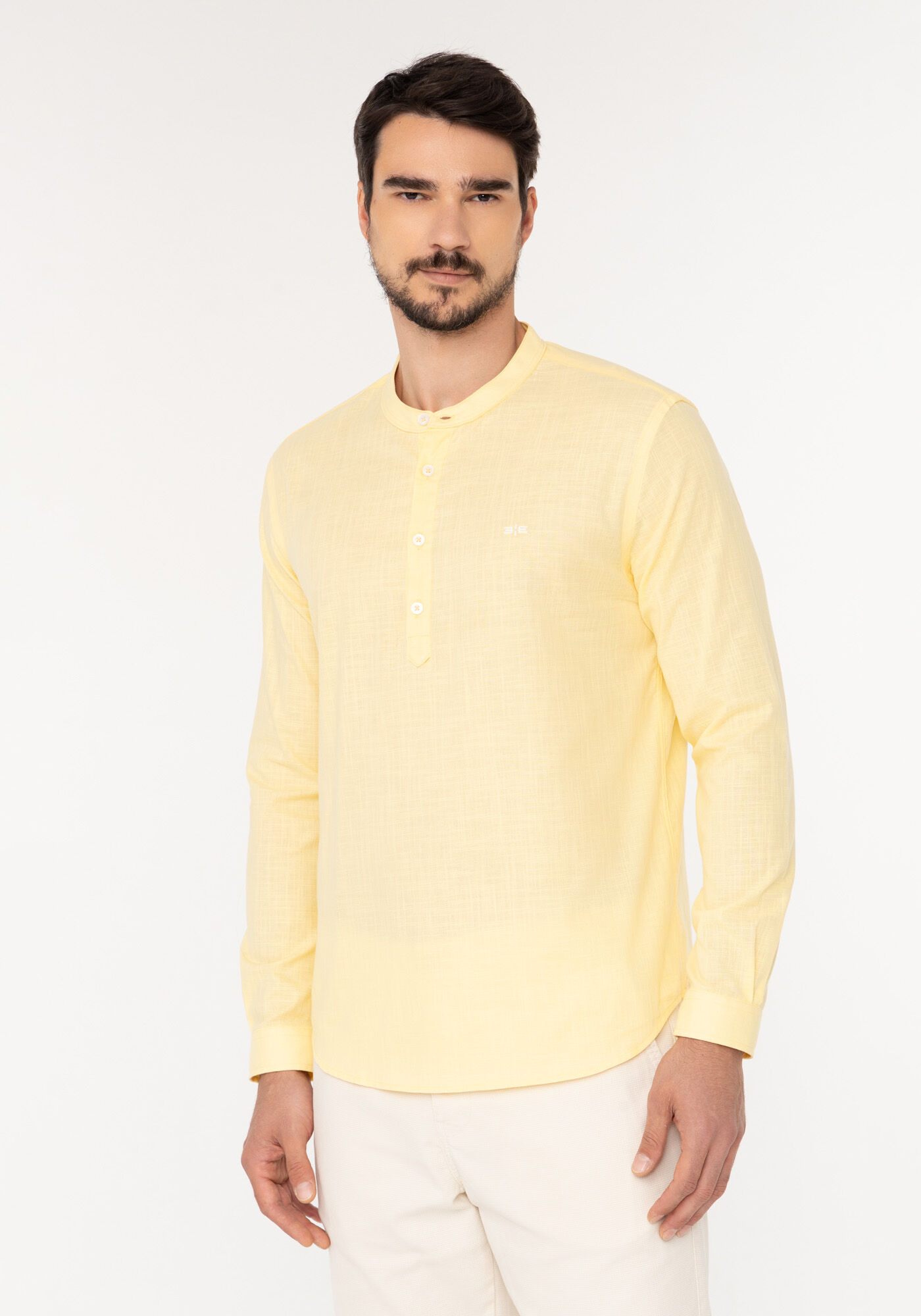 Camisa Bata De Mangas Longas Em Tecido Plano R&uacute;stico, AMARELO ROSITA, large.