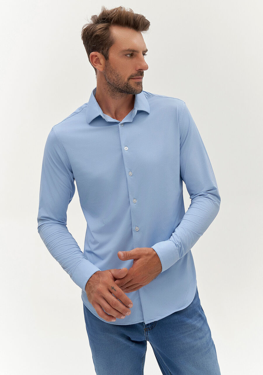 Camisa Masculina Slim Fit em Malha Tech Skin Azul, AZUL BRIGHT. Camisa Masculina Slim Fit em Malha Tech Skin Azul, AZUL BRIGHT, large.