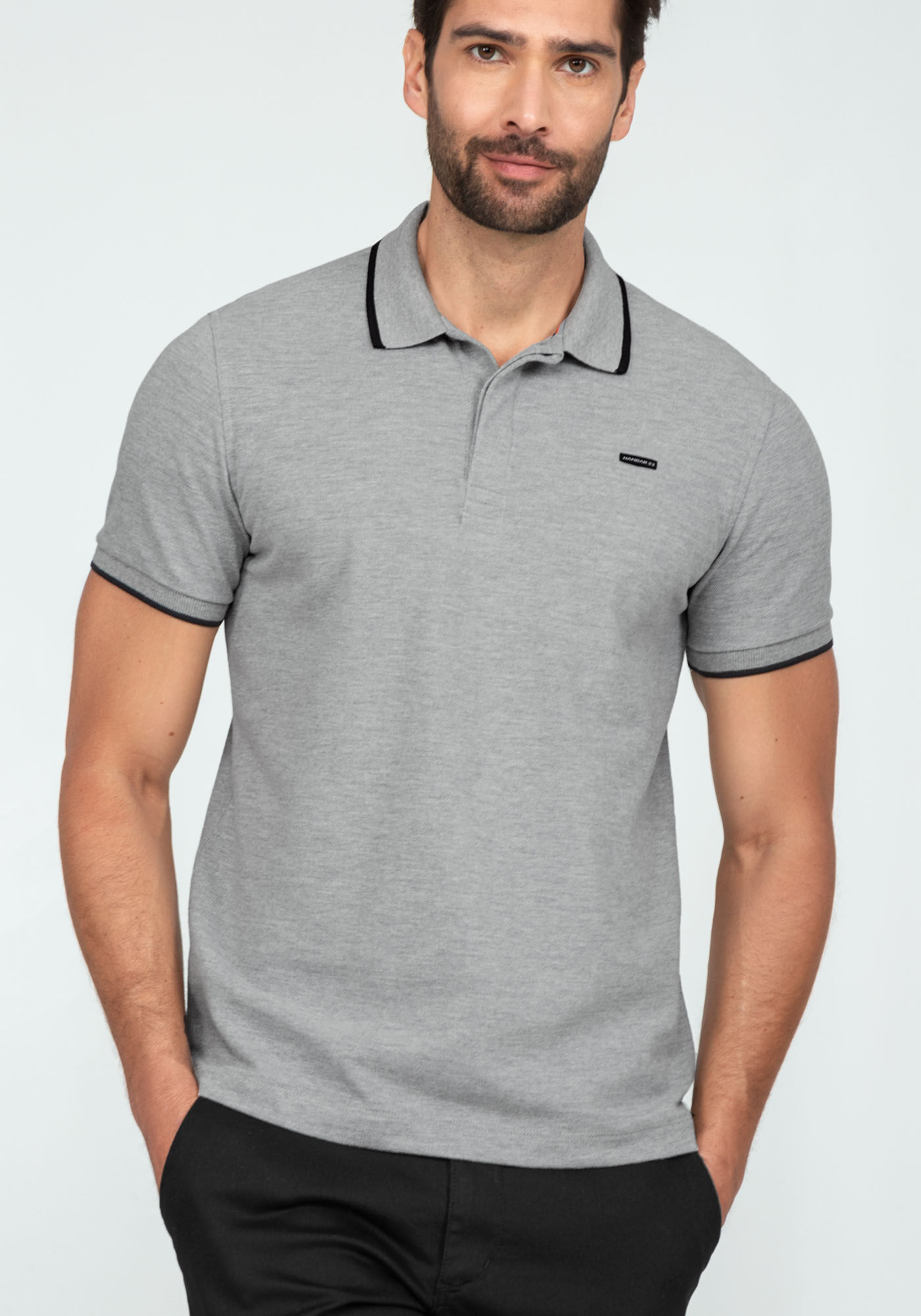Camisa Polo em Malha Piquet com Retil&iacute;nea, CINZA NOTI, large.