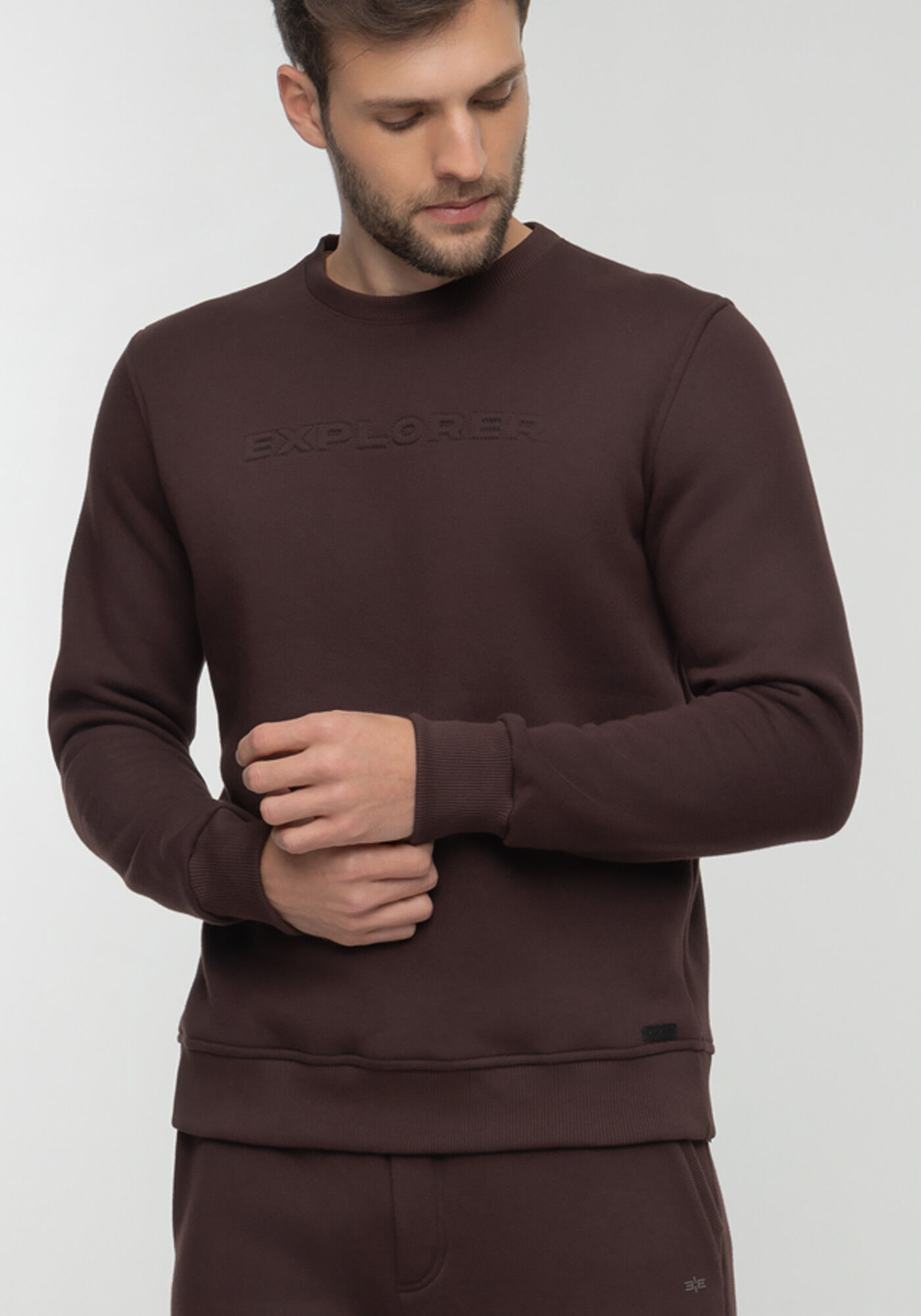 Blus&atilde;o Em Moletom Peluciado Com Gola Redonda E Punhos, MARROM EGGPLANT, large.