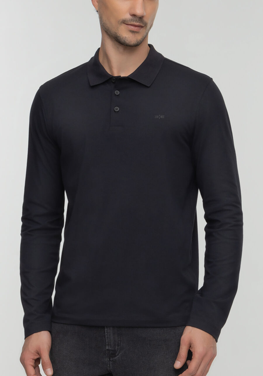 Camisa Polo Com Botões E Mangas Longas Em Malha De Algodão, PRETO. Camisa Polo Com Botões E Mangas Longas Em Malha De Algodão, PRETO, large.