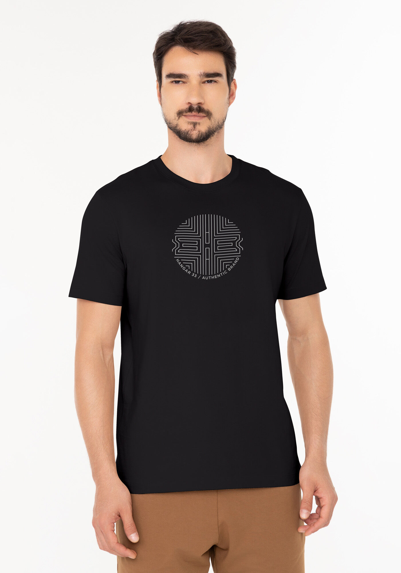Camiseta De Mangas Curtas Com Estampa Em Malha Modal, PRETO, large.