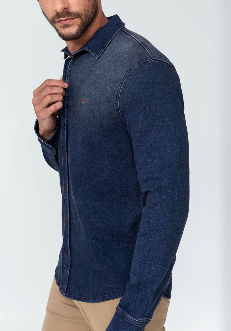 Camisa Jeans Manga Longa Slim Lavagem Escura, JEANS. Camisa Jeans Manga Longa Slim Lavagem Escura, JEANS, large.